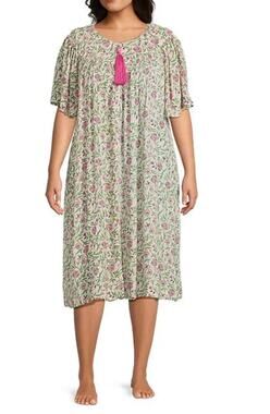 Go Softly Floral Print V-Neck Lightweight Zip-Front Crinkle Patio Dress-Size M